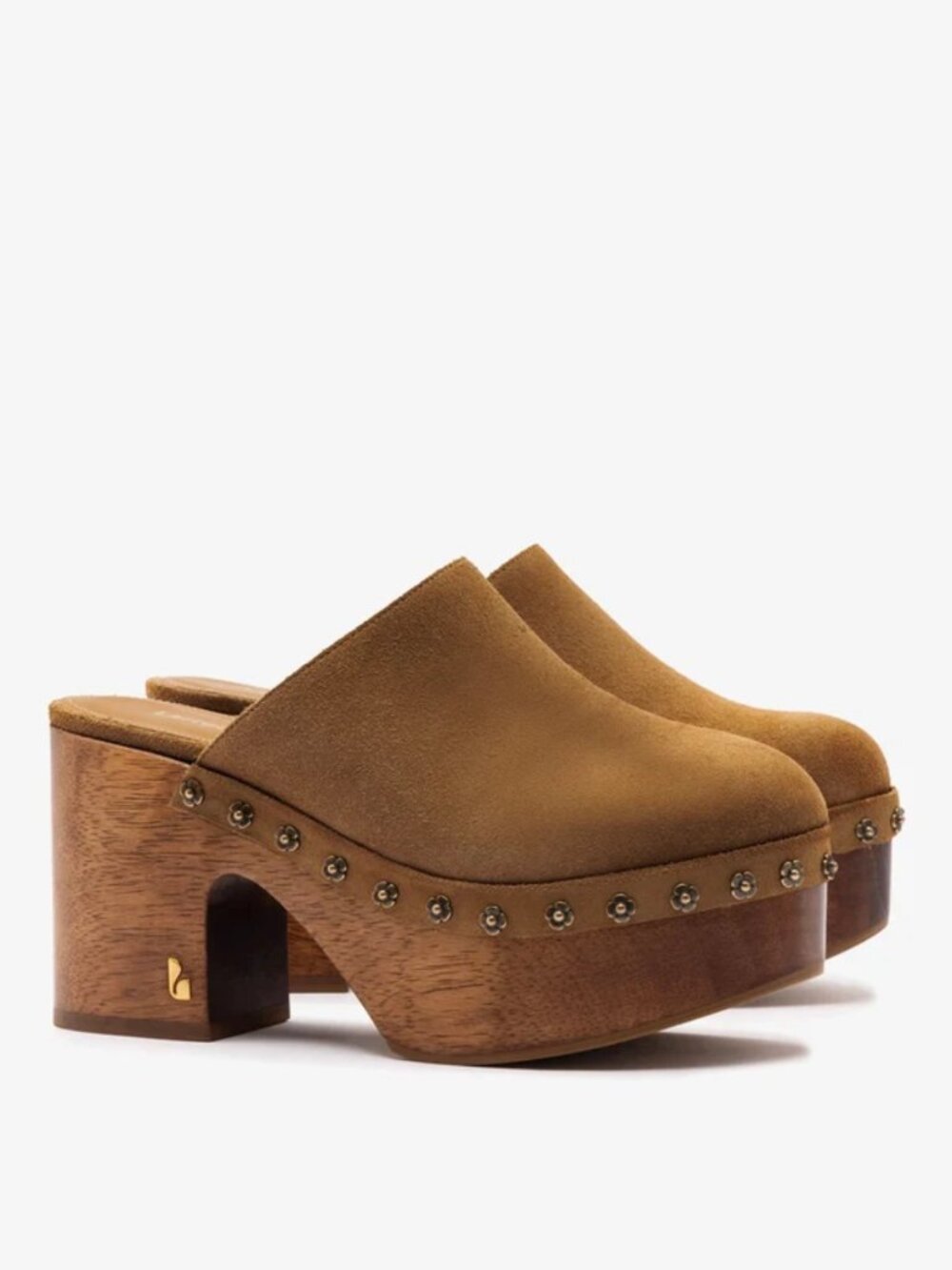 Larroude Miso Wooden Platform Clogs Tan Camel Peanut Suede Block Heel Mules NWT